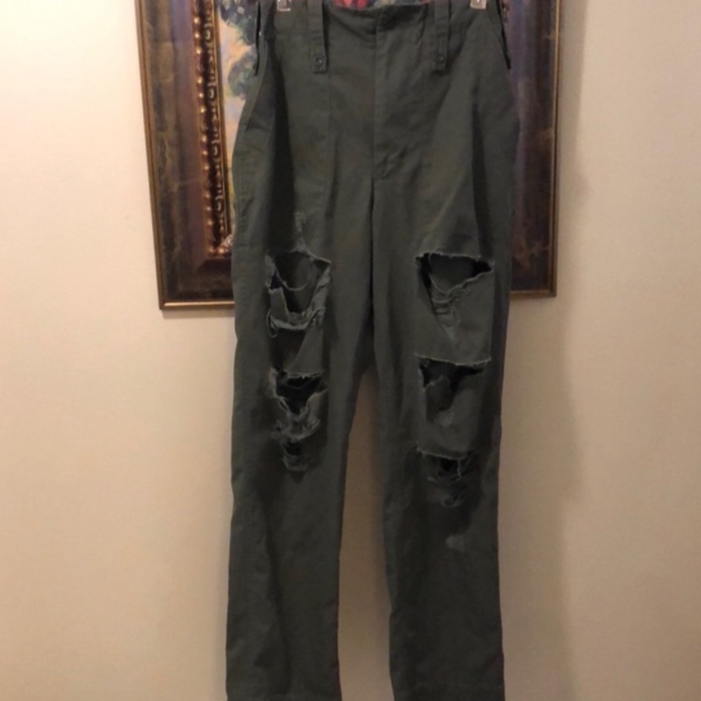 🫒Furst of its kind ripped front high waist zip fly wide button belt loops pants